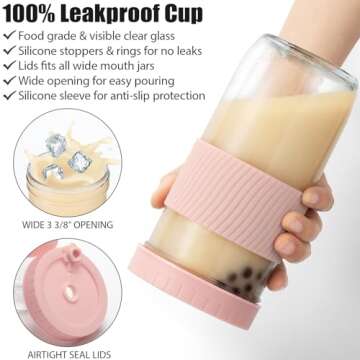 Reusable Glass Mason Jars Cups with Lids and Straws Silicone Sleeves, 2 Pack 24Oz Wide Mouth Smoothi...