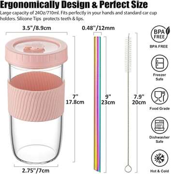 Reusable Glass Mason Jars Cups with Lids and Straws Silicone Sleeves, 2 Pack 24Oz Wide Mouth Smoothie Cups Glass Bubble Tea Cup Leakproof drinking glasses Travel Tumbler for Large Pearl Birthday Gifts