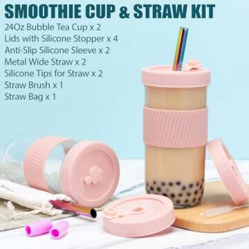Reusable Glass Mason Jars Cups with Lids and Straws Silicone Sleeves, 2 Pack 24Oz Wide Mouth Smoothie Cups Glass Bubble Tea Cup Leakproof drinking glasses Travel Tumbler for Large Pearl Birthday Gifts