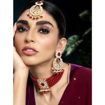 Aheli Jodha Akbar Faux Kundan Pearl Choker Necklace with Earring Maang Tikka Indian Traditional Boll...