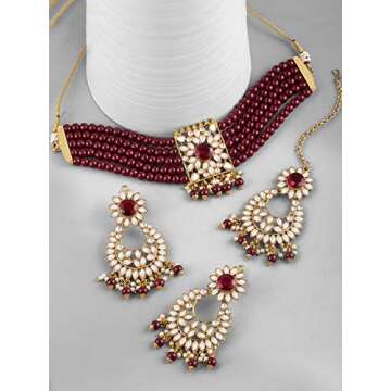 Aheli Jodha Akbar Faux Kundan Pearl Choker Necklace with Earring Maang Tikka Indian Traditional Bollywood Bridal Jewelry Set for Women Girls