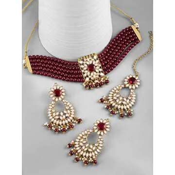 Aheli Jodha Akbar Faux Kundan Pearl Choker Necklace with Earring Maang Tikka Indian Traditional Bollywood Bridal Jewelry Set for Women Girls