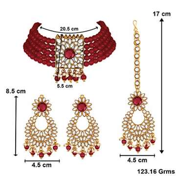 Aheli Jodha Akbar Faux Kundan Pearl Choker Necklace with Earring Maang Tikka Indian Traditional Bollywood Bridal Jewelry Set for Women Girls