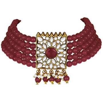 Aheli Jodha Akbar Faux Kundan Pearl Choker Necklace with Earring Maang Tikka Indian Traditional Bollywood Bridal Jewelry Set for Women Girls