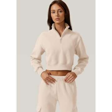 QINSEN Womens Half Zip Crop Sweatshirt High Neck Long Sleeve Pullover Cropped Top
