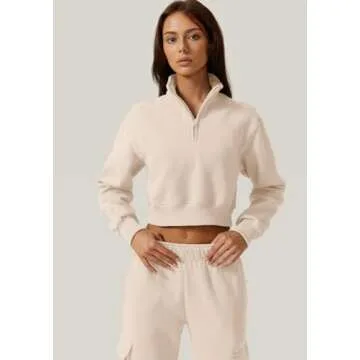 QINSEN Womens Half Zip Crop Sweatshirt High Neck Long Sleeve Pullover Cropped Top