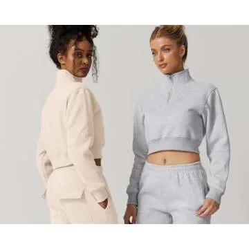 QINSEN Womens Half Zip Crop Sweatshirt High Neck Long Sleeve Pullover Cropped Top