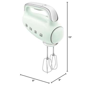 SMEG Pastel Green 50's Retro Style Electric Hand Mixer with Set of Dough Hooks, Set of Beaters, and Set of Whisks