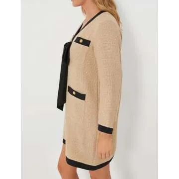 Malajisi Women's Elegant Tweed Bow Dress V Neck Button Down Long Sleeve Bodycon Mini Dress with Back Zip(Khaki,S)