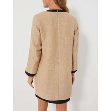 Malajisi Women's Elegant Tweed Bow Dress V Neck Button Down Long Sleeve Bodycon Mini Dress with Back Zip(Khaki,S)