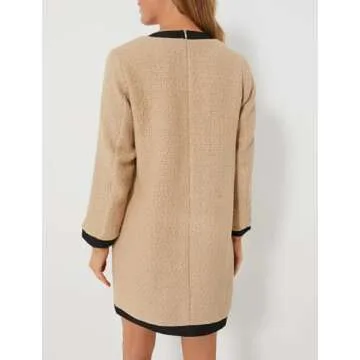 Malajisi Women's Elegant Tweed Bow Dress V Neck Button Down Long Sleeve Bodycon Mini Dress with Back Zip(Khaki,S)