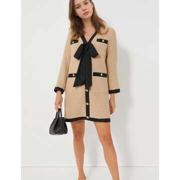 Malajisi Women's Elegant Tweed Bow Dress V Neck Button Down Long Sleeve Bodycon Mini Dress with Back Zip(Khaki,S)