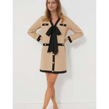 Malajisi Women's Elegant Tweed Bow Dress V Neck Button Down Long Sleeve Bodycon Mini Dress with Back Zip(Khaki,S)