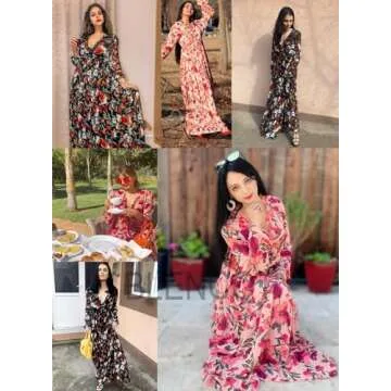 BLENCOT Women's Casual Boho Floral Printed Deep V Neck Loose Long Sleeve Long Evening Dress Ruched Cocktail Party Maxi Wedding Dress Black X-Large
