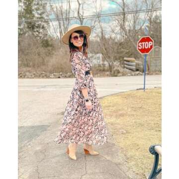 BLENCOT Women's Casual Boho Floral Printed Deep V Neck Loose Long Sleeve Long Evening Dress Ruched Cocktail Party Maxi Wedding Dress Black X-Large