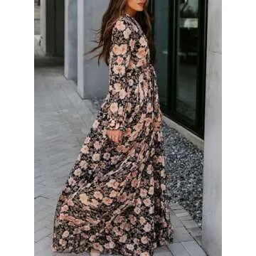 BLENCOT Women's Casual Boho Floral Printed Deep V Neck Loose Long Sleeve Long Evening Dress Ruched Cocktail Party Maxi Wedding Dress Black X-Large