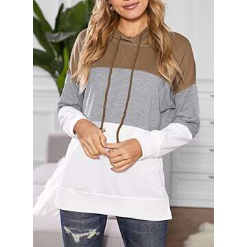 Dokotoo Women'sCasual Long Sleeve Color Block Hoodies Drawstring Comfy Hooded Sweatshirt Side Split Pullover Casual Tops 2024 Fashion Fall Khaki Small