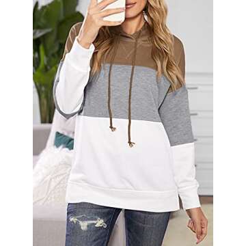 Dokotoo Women'sCasual Long Sleeve Color Block Hoodies Drawstring Comfy Hooded Sweatshirt Side Split Pullover Casual Tops 2024 Fashion Fall Khaki Small