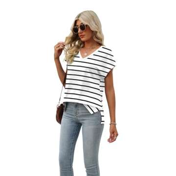Black and White Striped Shirt Women Cap Sleeve Summer Tops Trendy V Neck Loose Fit Shirts XL