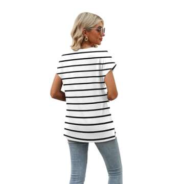 Black and White Striped Shirt Women Cap Sleeve Summer Tops Trendy V Neck Loose Fit Shirts XL