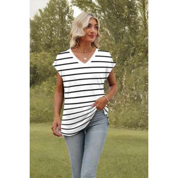 Black and White Striped Shirt Women Cap Sleeve Summer Tops Trendy V Neck Loose Fit Shirts XL