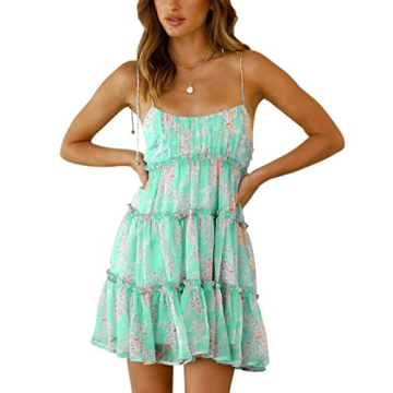 Loccysu Womens Floral Flowy Dress Summer Casual Spaghetti Strap Sleeveless Wedding Guest Tiered Ruff...
