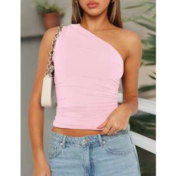 Cioatin Women Sleeveless One Shoulder Crop Tank Tops Ruched Tight Slim Fitted Workout Y2K Going Out Top Trendy 2023 Cami Pink