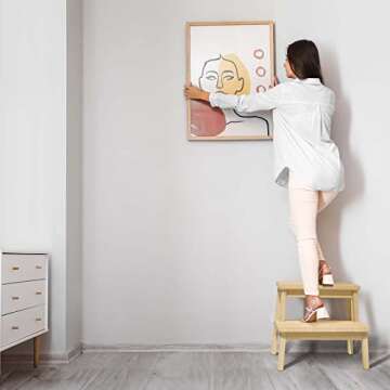 HOUCHICS Wooden Step Stool for Adults Kids, Solid Wood Bed Step Stool, Multi-Purpose 2-Step Stool for Kitchen, Bed, Bathroom with 260lb Load Capacity