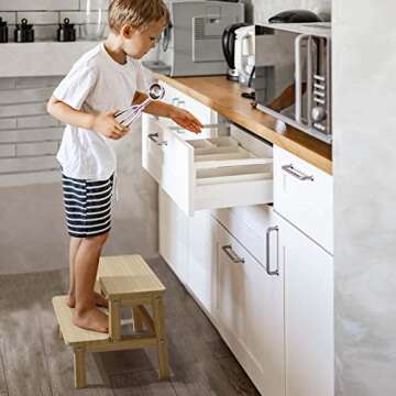 HOUCHICS Wooden Step Stool for Adults Kids, Solid Wood Bed Step Stool, Multi-Purpose 2-Step Stool for Kitchen, Bed, Bathroom with 260lb Load Capacity