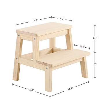 HOUCHICS Wooden Step Stool for Adults Kids, Solid Wood Bed Step Stool, Multi-Purpose 2-Step Stool for Kitchen, Bed, Bathroom with 260lb Load Capacity