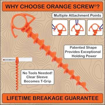 Orange Screw Ultimate Ground Anchors: Heavy Duty Screw-in Tent Stakes for High Wind, Sand, Canopies, and Camping - Made in USA, 100% Recycled, Included T-Grip Tool - (Small, 4 Pack, Orange)