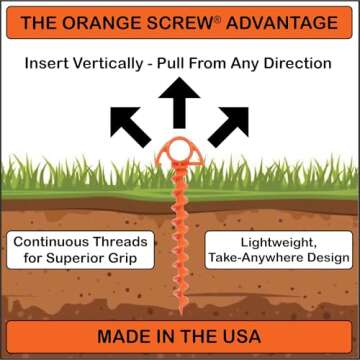 Orange Screw Ultimate Ground Anchors: Heavy Duty Screw-in Tent Stakes for High Wind, Sand, Canopies, and Camping - Made in USA, 100% Recycled, Included T-Grip Tool - (Small, 4 Pack, Orange)