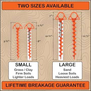 Orange Screw Ultimate Ground Anchors: Heavy Duty Screw-in Tent Stakes for High Wind, Sand, Canopies, and Camping - Made in USA, 100% Recycled, Included T-Grip Tool - (Small, 4 Pack, Orange)