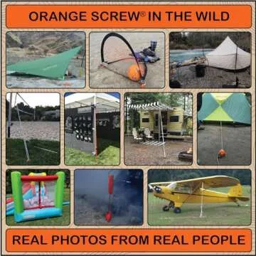Orange Screw Ultimate Ground Anchors: Heavy Duty Screw-in Tent Stakes for High Wind, Sand, Canopies, and Camping - Made in USA, 100% Recycled, Included T-Grip Tool - (Small, 4 Pack, Orange)