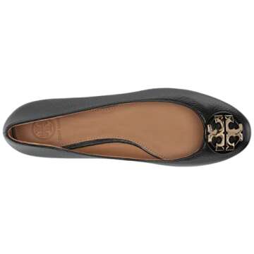 Tory Burch Womens Claire Ballet Flat, Tumbled Leather, Black/Gold (US 8)