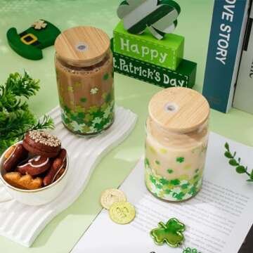 Whaline 2 Pack St Patrick's Day Drinking Glasses Green Shamrock Iced Coffee Cup Lucky Clover Beer Can Glass with Lid Straw Cleaning Brush for Home Office Gifts,16oz