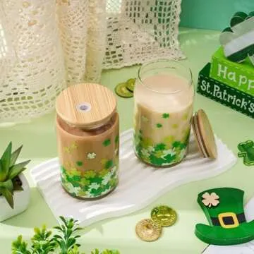 Whaline 2 Pack St Patrick's Day Drinking Glasses Green Shamrock Iced Coffee Cup Lucky Clover Beer Can Glass with Lid Straw Cleaning Brush for Home Office Gifts,16oz