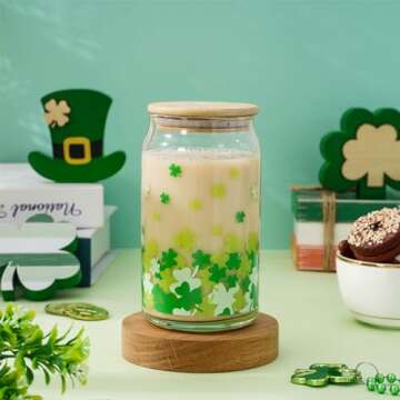 Whaline 2 Pack St Patrick's Day Drinking Glasses Green Shamrock Iced Coffee Cup Lucky Clover Beer Can Glass with Lid Straw Cleaning Brush for Home Office Gifts,16oz