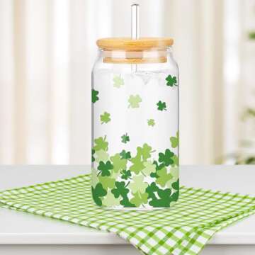 Whaline 2 Pack St Patrick's Day Drinking Glasses Green Shamrock Iced Coffee Cup Lucky Clover Beer Can Glass with Lid Straw Cleaning Brush for Home Office Gifts,16oz