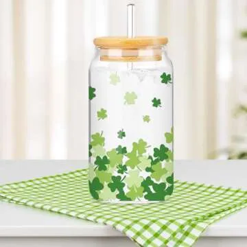 Whaline 2 Pack St Patrick's Day Drinking Glasses Green Shamrock Iced Coffee Cup Lucky Clover Beer Can Glass with Lid Straw Cleaning Brush for Home Office Gifts,16oz