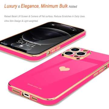 Teageo for iPhone 12 Pro Case for Women Girl Cute Love-Heart Luxury Bling Plating Soft Back Cover Raised Full Camera Protection Bumper Silicone Shockproof Phone Case for iPhone 12 Pro, Hot Pink