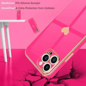 Teageo for iPhone 12 Pro Case for Women Girl Cute Love-Heart Luxury Bling Plating Soft Back Cover Raised Full Camera Protection Bumper Silicone Shockproof Phone Case for iPhone 12 Pro, Hot Pink