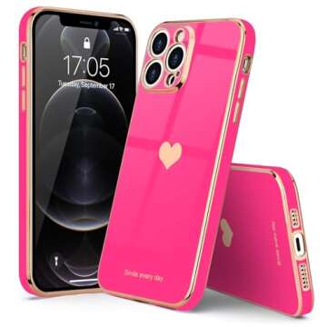 Teageo for iPhone 12 Pro Case for Women Girl Cute Love-Heart Luxury Bling Plating Soft Back Cover Raised Full Camera Protection Bumper Silicone Shockproof Phone Case for iPhone 12 Pro, Hot Pink