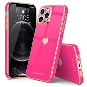 Teageo for iPhone 12 Pro Case for Women Girl Cute Love-Heart Luxury Bling Plating Soft Back Cover Raised Full Camera Protection Bumper Silicone Shockproof Phone Case for iPhone 12 Pro, Hot Pink