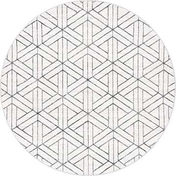 Rugs.com Lattice Trellis Collection Rug – 8 Ft Round White Low-Pile Rug Perfect for Kitchens, Dining Rooms