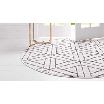 Rugs.com Lattice Trellis Collection Rug – 8 Ft Round White Low-Pile Rug Perfect for Kitchens, Dining Rooms