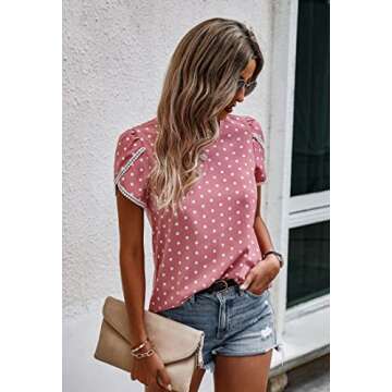 Angashion Women's Tops Casual Floral Print Lace Crochet Short Sleeve Crewneck Summer Loose Blouse Shirt Tunic Top Pink White XL