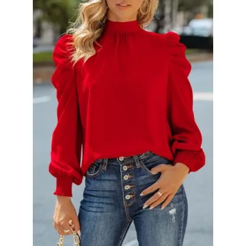 Dokotoo Womens 2024 Fall Fashion Tops Puff Long Sleeve High Neck Tunic Top Casual Chiffon Pullover Shirts and Blouses for Women Loose Shirts Clothes Red Small