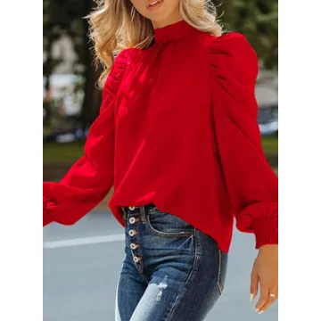 Dokotoo Womens 2024 Fall Fashion Tops Puff Long Sleeve High Neck Tunic Top Casual Chiffon Pullover Shirts and Blouses for Women Loose Shirts Clothes Red Small