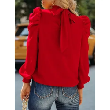 Dokotoo Womens 2024 Fall Fashion Tops Puff Long Sleeve High Neck Tunic Top Casual Chiffon Pullover Shirts and Blouses for Women Loose Shirts Clothes Red Small